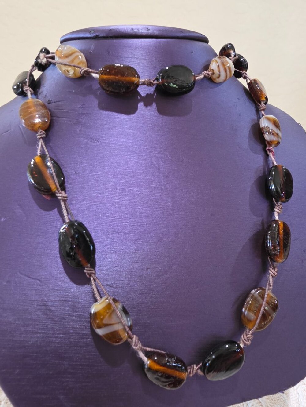 Artisan BOHO Earth Colors Rootbeer Brown Stripe Amber Art Glass Long Necklace